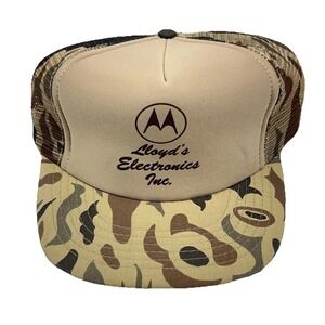 Vintage Camo Trucker Hat Cap Snap Back Brown Mesh Hunting Motorola Radio 80s 90